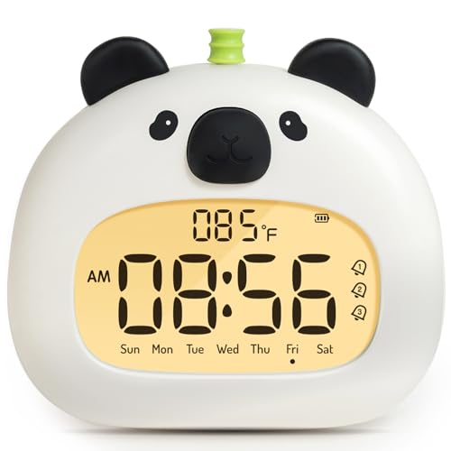BANDIANCY Panda Alarm Clock for Kids with Night Light, Digital USB Rechargeable Clock, 3 Alarms, Snooze, Temperature Display, Cute Bedside Sleep Trainer & Desk Decor Gift for Boys and Girls