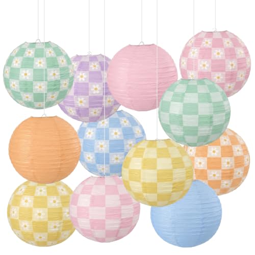 Baquler 12 Pcs Pastel Paper Lanterns 10 Inch, Checkerboard & Daisy Hanging Paper Lantern Set for Back to School Classroom Decorations, Dorm Room Macaron Floral Decor, Birthday Baby Shower Party
