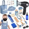 Barber Shop Pretend Play Set, Kids Shaving Kit Wooden Hair Salon Toys for Boys with Wearable Beard, Electric Shaver, Blow Dryer, Tool Bag, Toddler Role Play Barber Accessories for Boys & Girls Gifts