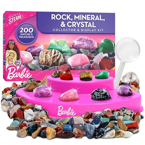 Barbie™ Rock Collection Box for Kids – 200 Rocks, Minerals & Crystals Set, Gemstones for Kids plus a Break-Open Geode, Rough and Tumbled Stones, ID Guide, STEM Geology Toy for Girls Ages 6-12, Gem Kit