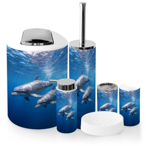 Bathroom Accessory Set 6 Piece Family Spinner Dolphins Tropical Blue Ocean Sunlight Marine Life Trash can, Toothbrush Holder, Toothbrush Cup, Soap Dispenser, Soap Dish, Toilet Brush Holder