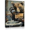 Bathroom Bear Wall Art Funny Animal Wall Decor Wash Your Paws Drawing Picture Rustic Style Poster Print Ideal Gift for Animal Lovers Suitable for Living Room Bedroom Ready to Hang (12x16in Canvas)