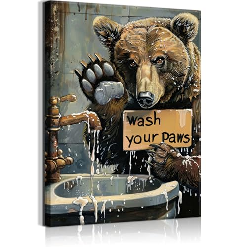 Bathroom Bear Wall Art Funny Animal Wall Decor Wash Your Paws Drawing Picture Rustic Style Poster Print Ideal Gift for Animal Lovers Suitable for Living Room Bedroom Ready to Hang (12x16in Canvas)
