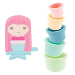 Bath Time Bundle, 6-Piece Set - Nesting Silicone Cups with Bath Mitt for Babies 0 Months+, Bath Toys for Kids as Gift, Bath time Toddler Gift, Mermaid