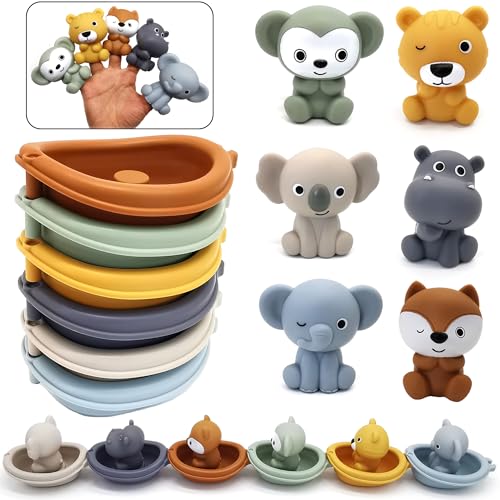 Bath Toys Floating Boats, 12Pcs Bath Toys for Kids Ages 1-3 or Babies 6-12-18 Months, Mold Free Bath Pool Toy for Toddlers 2-4, Stacking Toys, Soft Finger Puppets Animals Bath Toy