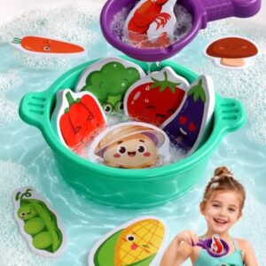 Bath Toys for Kids Ages 4-8 3-5 Play Food Mold Free Bathtub Water Toys 16 Pcs Floating Foam Vegetables & Seafood Pretend Play Cooking Toddler Bath Toys Set Gifts for Girls & Boys