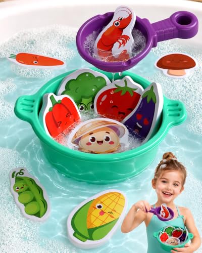 Bath Toys for Kids Ages 4-8 3-5 Play Food Mold Free Bathtub Water Toys 16 Pcs Floating Foam Vegetables & Seafood Pretend Play Cooking Toddler Bath Toys Set Gifts for Girls & Boys