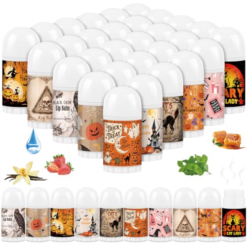 Batiyeer 30 Pcs Halloween Party Favors Peppermint Lip Balms Bulk Vintage Spooky Party Gifts Trick or Treat Gifts and Goodie Bag Fillers Appreciation Goodies Stuffers for Women Staff Coworker (Vintage)