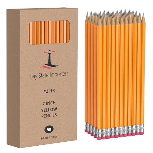 Bay State Importers #2 HB Pencils Bulk 50 Pack | Pre-Sharpened Yellow Wood Pencils with Erasers, Smooth Writing for School, Classroom, Teachers, Office, Exams & Drawing