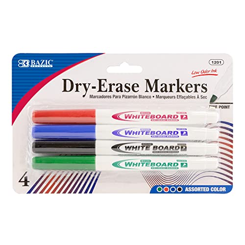 BAZIC PRODUCTS Assorted Fine Tip Dry Erase Markers, Low-Odor, 4 Count
