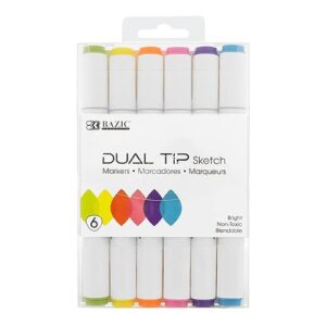 BAZIC PRODUCTS Dual Tip Sketch Markers, Fluorescent, Brush & Chisel, 6 Ct