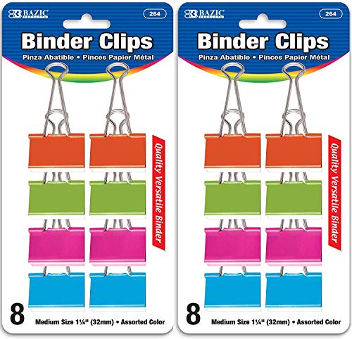 BAZIC Products Medium Binder Clips, Assorted Colors, 1-1/4 in, 8 Ct, 2-Pack