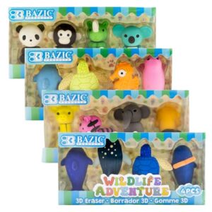 BAZIC Products Wildlife 3D Puzzle Erasers, Non-Toxic, Set of 4, Take-Apart