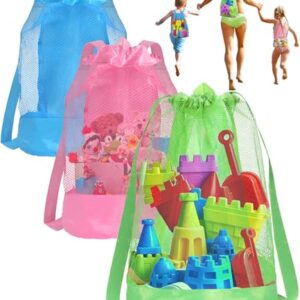 Beach Toy Bag, 3pcs Mesh Sand Toys Backpack for Sandbox Buckets, Travel Beach Vacation Essentials for Kids, Shell Collecting Bag Tools, Beach Must Haves Sand Box Toys Seashell Bags (Multicolorful)