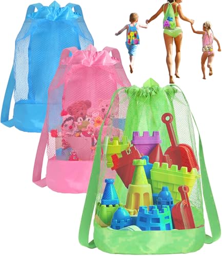 Beach Toy Bag, 3pcs Mesh Sand Toys Backpack for Sandbox Buckets, Travel Beach Vacation Essentials for Kids, Shell Collecting Bag Tools, Beach Must Haves Sand Box Toys Seashell Bags (Multicolorful)