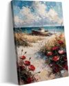 Beach Wall Art Vintage Coastal Floral Wall Art Seaside Flower Art Poster Plant Landscape Beach Scene Artwork for Kitchen Bedroom Living Room Home Decoration 12x16 inch Framed.