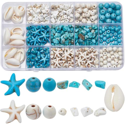Beachy Mermaid Hair 1 Box About 300Pcs Bohemian Style Starfish Beads Blue White Natural Shell Beads Summer Ocean Animal Starfish Seashell Charms 6mm 8mm Chip Spacers for Jewelry Making Kits