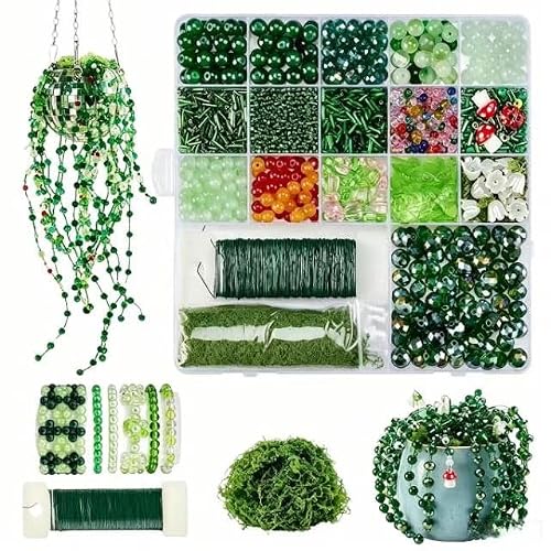 Beaded Plant Suncatcher, Hanging Glass Plant Suncatcher Craft Kit, 5540Pcs Green Seed Beads & Charms for Bracelet Making, DIY Succulent Plants, omplete Jewellery Making Supplies for Beginners (Green)