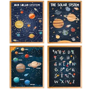 BearCake Space Nursery Decor, Solar System Outer Space Planet Alphabet Poster Prints Wall Art Decor for Classroom Toddler Kids Room Playroom Nursery, 12x16 Inches Set of 4 Unframed