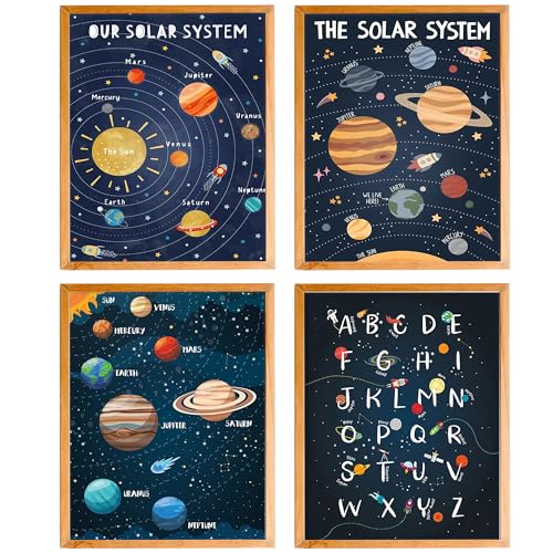 BearCake Space Nursery Decor, Solar System Outer Space Planet Alphabet Poster Prints Wall Art Decor for Classroom Toddler Kids Room Playroom Nursery, 12x16 Inches Set of 4 Unframed