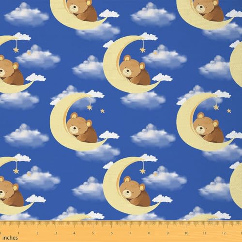 Bear Fabric By The Yard, Kawaii Sleeping Bear Indoor Outdoor Fabric for Kids, Moon Star Cloud Goodnight Upholstery Fabric, Cute Cartoon Animals Decorative Fabric for Quilting Sewing, 5 Yards, Blue