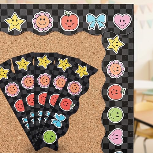 Beautiful Scalloped Bulletin Board Borders for Classroom Decor - 60 Smiley Face Strips for Up to 3 Boards 4x6 ft, Durable Decoration and Teacher Must Haves for a Warm Welcoming Classroom