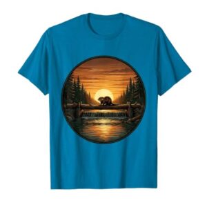 Beaver Building Dam at Sunset Canada Wildlife Art T-Shirt, Men, Sapphire Blue, Medium