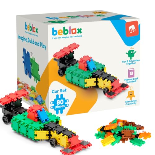 Beblox Building Blocks for Kids - Car Set - 80-Piece Connecting Tiles - Interlocking Building Blocks for Kids, STEM Toy Vehicle, Fun Educational for Boys & Girls, Preschool Learning Activities Ages 4+