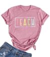 BEBNKGK Teacher Shirts for Women Teach Them to Be Kind T-Shirt First Day of School Shirt Printed Graphic Short Sleeve(Pink,L)