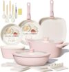 BECIGAR 23pcs Ceramic Pots and Pans Set, Nonstick Detachable Handle Cookware, Induction Kitchen Cooking Set with Removable Handle,include Frying Pans & Saucepans Oven Safe(Pink)