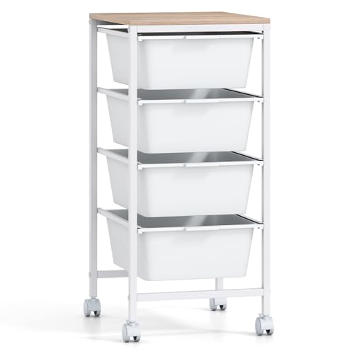 BECOMFORT 4-Drawers Rolling Utility Cart, Storage Cart on Wheels, Teacher Classroom Organizers with Wooden Tabletop & Lockable Wheels, Mobile Trolley Craft Cart for Art Paper Tools School Office