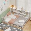 BECOMFORT Full Size Floor Bed for Kids, 2-in-1 Kids Wood Bed Frame with Bedside Bookcase & Safety Guardrails, Montessori Bed for Boys Girls