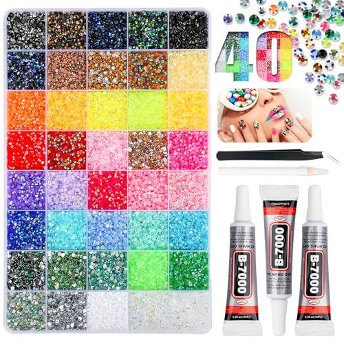 Bedazzling Kit with 50000Pcs Rhinestones, Jelly Rhinestones for Bedazzling, 40 Colors 3mm Resin Flatback Gems with 3Pcs 10ml B7000 Glue, Tweezers & Pickup Pen for Crafting Tumblers Book Nail Art
