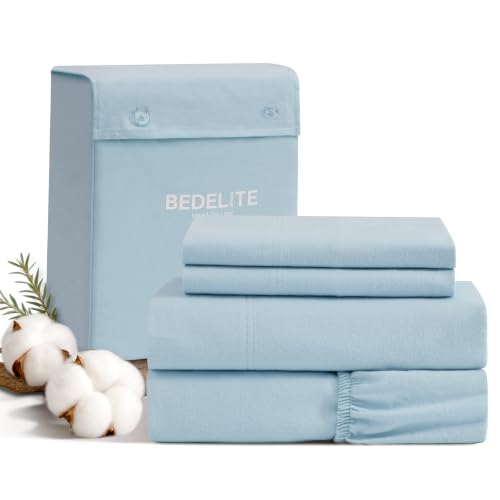 BEDELITE 100% Cotton Flannel Sheets Full Size, Ultra Soft & Warm Velvety — Double Brushed Flannel Bed Sheet 4 Pcs, Up to 16" Deep Pocket, Full Sheet Set with 360°Elastic & Corner Straps (Light Blue)