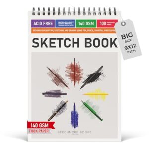 BEECHMORE BOOKS 9"x12" Spiral Bound Sketchbook - 100 Perforated Sheets 140 GSM (95lb) Acid-Free White Paper, Premium Professional Artist Sketch Pad, Art Supplies for Adults Students Drawing Notebook