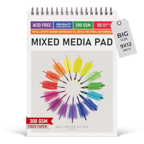 Beechmore Books 9"x12" Watercolor Sketchpad - Professional Spiral Bound Sketchbook, 50 Sheets 300 GSM / 140 lb Heavyweight Acid-Free Paper, Micro-Perforated for Acrylic, Gouache and Mixed Media