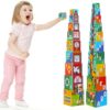 beeqoo 10 Pcs Nesting and Stacking Blocks for Toddlers 1-3 - Cardboard Stacking Cubes with ABC & Numbers - Montessori Educational Learning Toy - Sturdy Toddler Tower Building Set for Kids