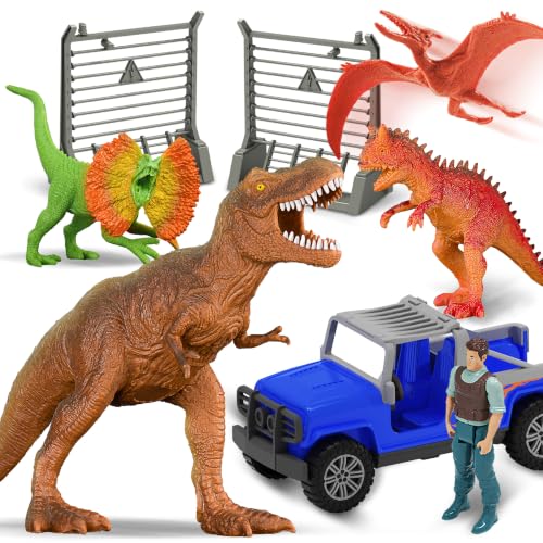 Beetots Dinosaur Park Playset | 8PCS with Vehicle & Fence for Kids 3-7,Realistic BPA-Free PVC Dinos | Build, Explore & Role-Play | Perfect for Indoor Creative Play & Birthday Gifts