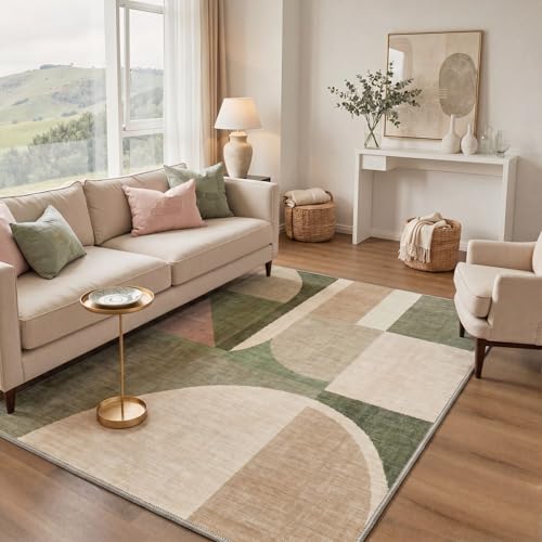 BEIMO Area Rugs 3x5 for Living Room Bedroom, Geometric Blocks Print Pattern Modern Abstract Machine Washable Rug, Soft Low Pile Floor Carpet with Non Slip Backing for Dining Room, Sage Beige