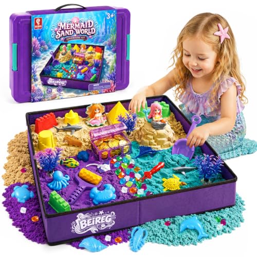 BEIREG Mermaid Sensory Bin Kit - 58 PCS Sensory Sand Set with 2lbs Magic Sand, 18 Castle & Marine Molds, Foldable Roof Sandbox, Treasure Chest, Ocean Sandbox Mermaid Toys Gifts for Girls Ages 3-8