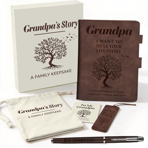 BELIVIUM Grandpa I Want to Hear Your Story Leather Journal Set, Grandpa Gifts Birthday Gift for Grandpa, Guided Legacy Book to Record Grandpas Life Story, Family Heirloom Meaningful Sentimental Keepsake