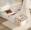 Bellemave Twin Floor Bed with Full-Length Horizontal Safety Fence and Door, Solid Pine Wood Montessori Bed for Kids Girls Boys Floor Bed Frame, White no slats
