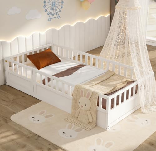 Bellemave Twin Floor Bed with Full-Length Horizontal Safety Fence and Door, Solid Pine Wood Montessori Bed for Kids Girls Boys Floor Bed Frame, White no slats