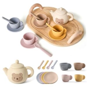 Bemonew Tea Sets for Toddlers 3-5, Educational Tea Party Set with Silicone Teapot, Cups, Coasters with Serving Spoon for Girls and Boys