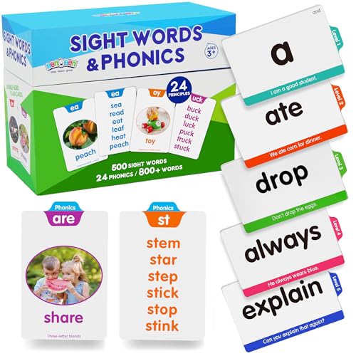 BenBen Sight Words & Phonics Flash Cards, 500 Sight Words & 800+ Words, Learn to Read CVC, Blends, Long Vowels, Dolch & Fry High Frequency Words for Pre-k Kindergarten 1st 2nd 3rd Grade Kids Ages 3-9