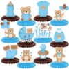 Bencailor 12 Pcs Bear Baby Shower Honeycomb Centerpieces Neutral Cream Teddy Bear Baby Shower Table Decorations Gender Reveal Birthday Party Table Centerpieces Toppers(Blue)