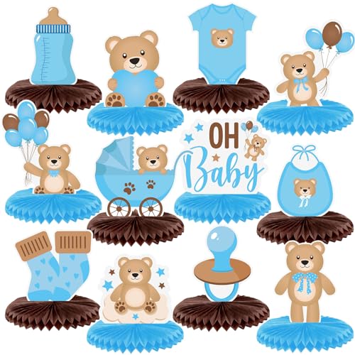 Bencailor 12 Pcs Bear Baby Shower Honeycomb Centerpieces Neutral Cream Teddy Bear Baby Shower Table Decorations Gender Reveal Birthday Party Table Centerpieces Toppers(Blue)