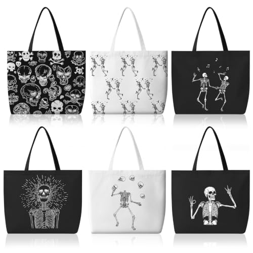 Bencailor 6 Pcs Halloween Canvas Tote Bags Bulk Gothic Skull Tote Gift Bags Reusable Black Skeleton Grocery Shopping Handbags Gift for Women Trick or Treat Party Halloween Gifts
