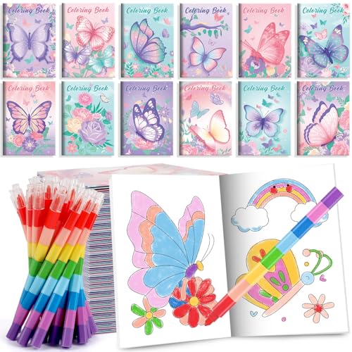 BenLouis 12 Butterfly Mini Coloring Books Kids with 12 Stacking Crayons Butterfly Theme Party Favors Small Activity Books Bulk for Kids Spring Fairy Birthday Party Gift Goodie Bag Stuffers