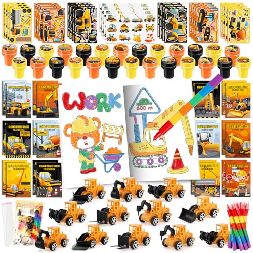 BenLouis 168Pcs Construction Party Favors Excavator Theme Coloring Books Crayons Sticker Set Bulk for Kids Construction Birthday Goodie Bag Stuffer Classroom Gifts Rewards Craft Pinata Fillers